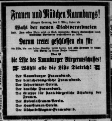 Bürgerliche Frauenvereine warben 1919 für die Liste des Naumburger Bürgerausschusses und sprachen „Frauen und Mädchen Naumburgs“ an, zur Wahl zu gehen.